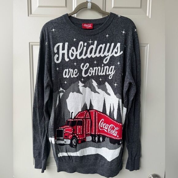 Coca-Cola “Holidays Are Coming” Christmas Truck Gray Sweater Size Large L Y2K - Picture 3 of 9